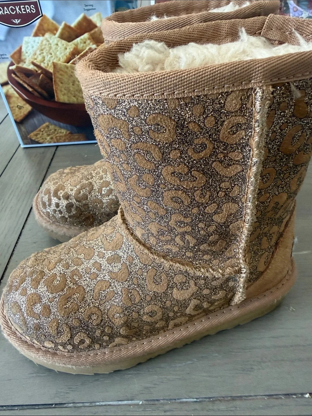 UGG Kids Tan Glitter Leopard Print Shearling Boots